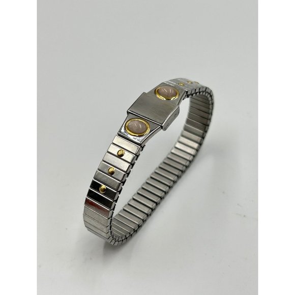 Vintage Stainless Steel Stretch Bracelet Gold & Pink Quartz Accents One Size - Picture 4 of 7